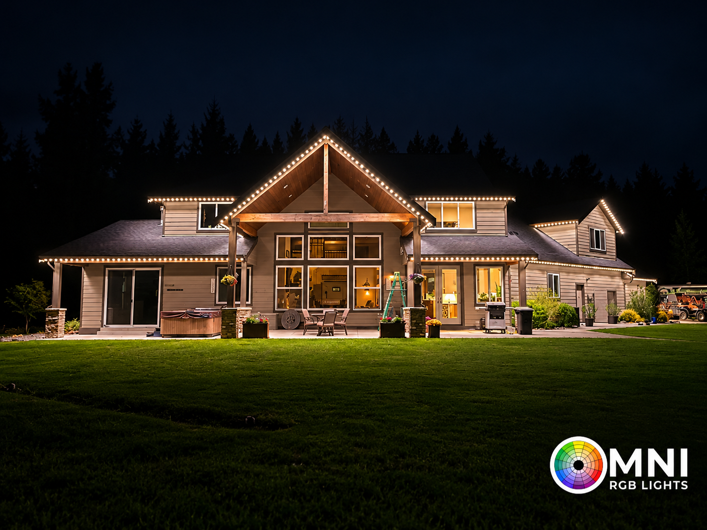 Permanent outdoor lights illuminating a home's roofline in warm white